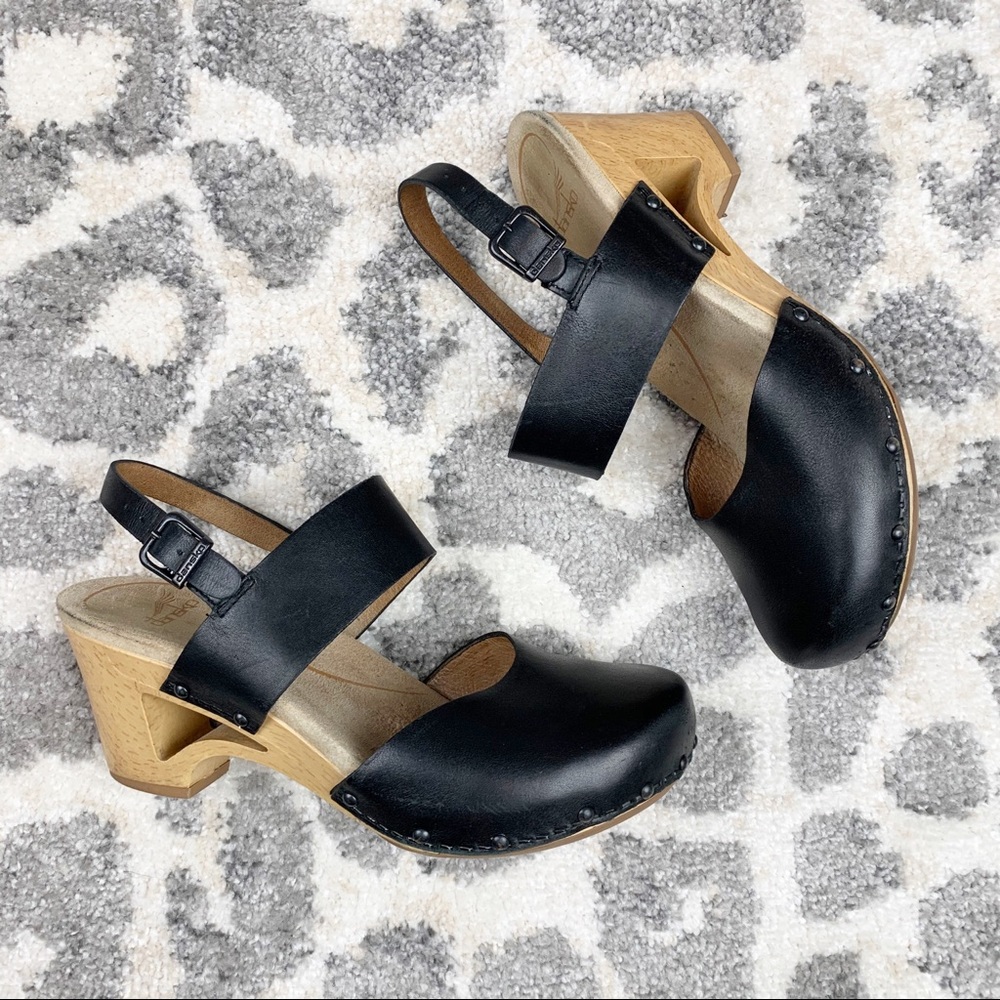 Dansko Rare Thea Black leather cut out clog wedge